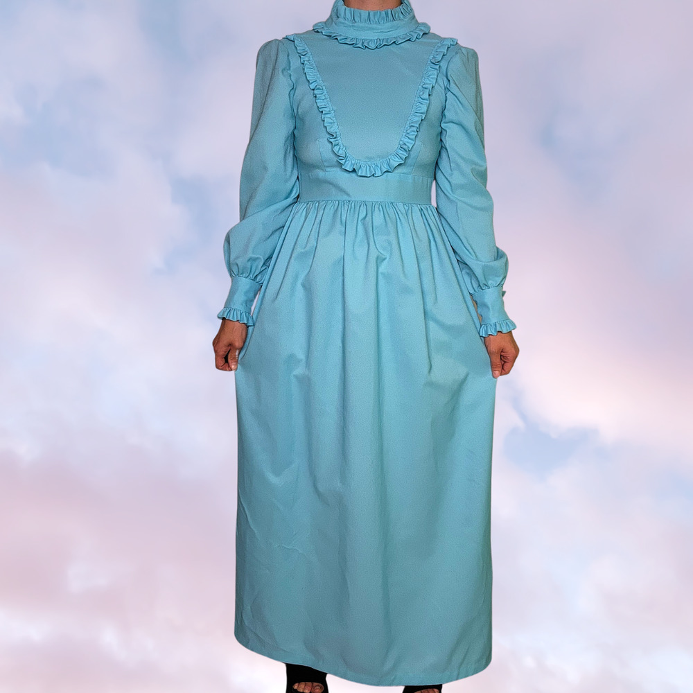 Vtg 60s 70s Handmade Blue Ruffle Prairie Cottage Empire Waist Dress Sz X-Small